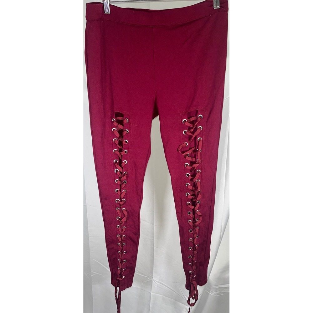 Love Tree Lace Up Leggings Burgundy Wine Grommet Front Edgy Streetwear Large